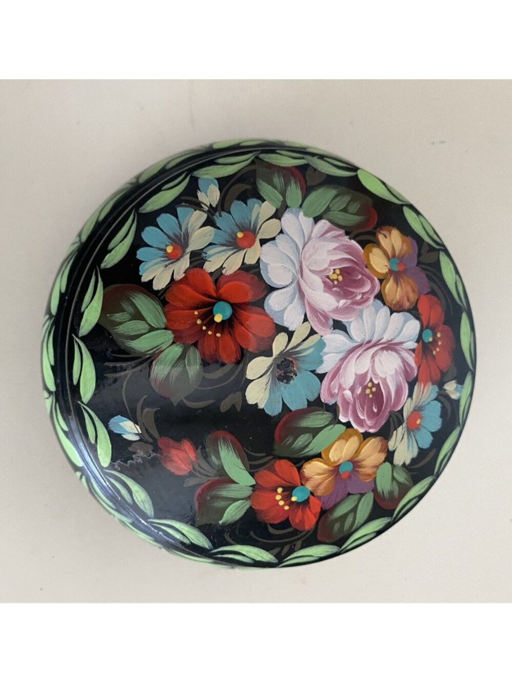 Vintage Round Russian Wooden Lacquer Box Hand painted Floral